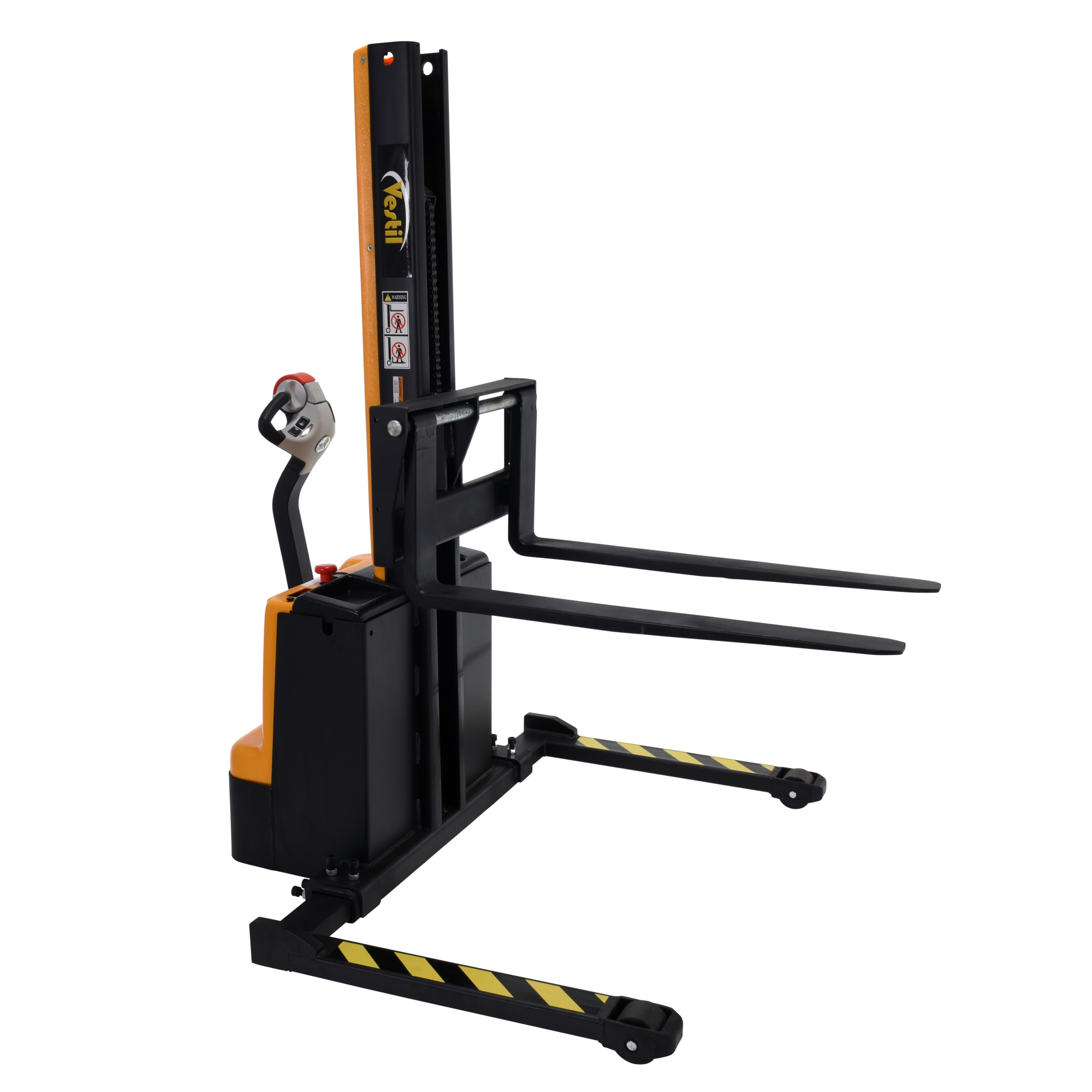 Vestil Steel Narrow Mast Stacker DC Powered 62 In. Raised Height Adjustable Forks and Support Legs 1,500 Lb. Capacity Black / Yellow